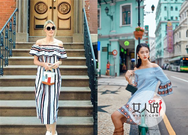 一字肩连衣裙街拍   8种款式一字肩连衣裙自信秀性感锁骨