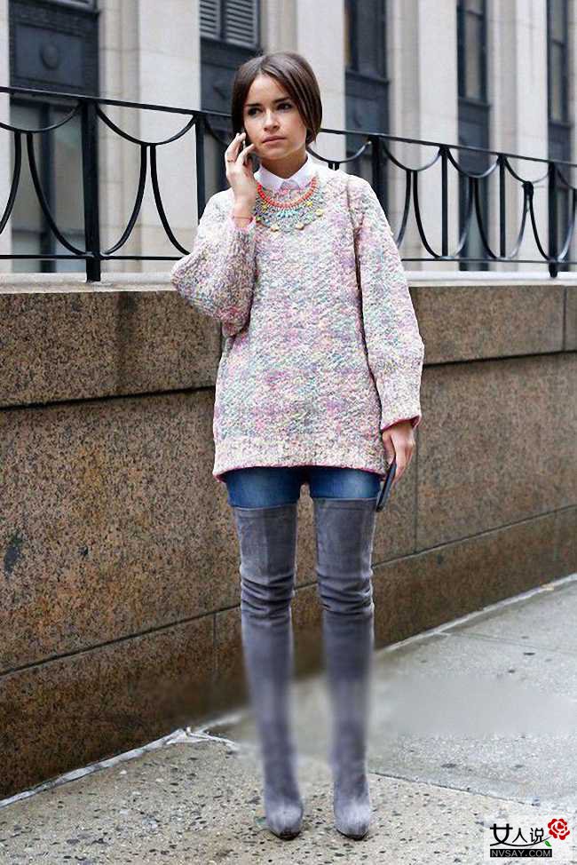 明星达人示范长款毛衣搭过膝长靴 显高显瘦超有范